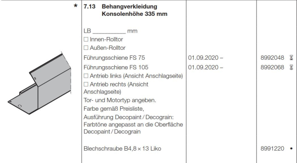 Hörmann Behangverkleidung Konsolenhöhe 335 mm FS 105 Garagen-Rolltor RollMatic T, 8992068