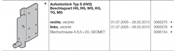Hörmann Aufsetzstück Typ S (HV2) Beschlagsart rechts für Baureihe 30-40, 3065275