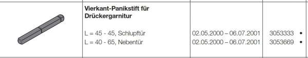 Hörmann Beschlagsteile für Türen der Baureihe 30-40-50 Vierkant-Panikstift für Drückergarnitur L = 45 – 70,  für Schlupftür Bautiefe 67 mit Panikfunktion B mit Panikfunktion B selbstverriegelnd mit Panikfunktion D, 3092263