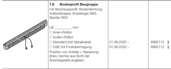 Hörmann Bodenprofil Standard (mit Spiralkabel) Garagen-Rolltor RollMatic T, 8992112