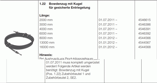 Hörmann Bowdenzug mit Kugel für gesicherte Entriegelung Industrieantriebe WA 400 ITO 400, , 4546615, 4546386, 4546391, 4546392, 4544566, 4544567, 4544568