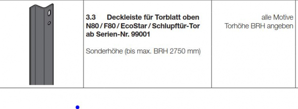 Hörmann Deckleiste für Torblatt oben N80 / F80 / EcoStar / Schlupftürtor, max. BRH 2750 mm, 1082299