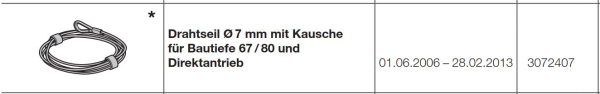 Hörmann Ersatzteil für Die Baureihe 20-Allgemeines Zubehör-Drahtseil durchmesser 7 mm mit Kausche für Bautiefe 67-80 und Direktantrieb, 3072407