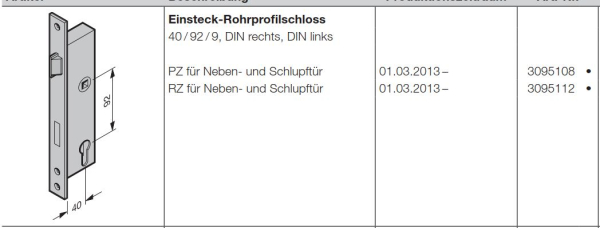 Hörmann Einsteck-Rohrprofilschloss 40-92-9 DIN rechts DIN links PZ für Neben- und Schlupftür der Industrietor Baureihe 50, 3095108
