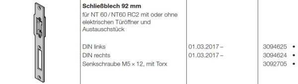 Hörmann  Schließblech 92 mm DIN rechts für NT 60-NT60 RC2 mit oder ohne elektrischen Türöffner und Austauschstück für die Industrietor-Baureihe 50, 3094624