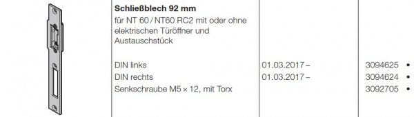 Hörmann  Schließblech 92 mm DIN rechts für NT 60-NT60 RC2 mit oder ohne elektrischen Türöffner und Austauschstück für die Industrietor-Baureihe 50, 3094624