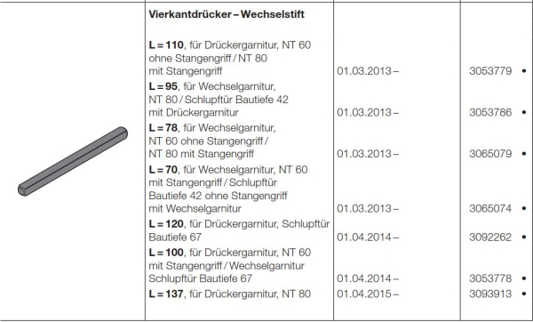Hörmann Vierkantdrücker–Wechselstift L=137 für Drückergarnitur NT 80 der Baureihe 50-60, 3093913