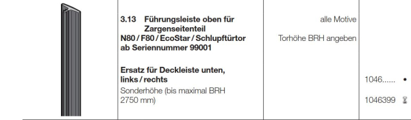 Hörmann Führungsleiste Ersatz für Deckleiste unten, links / rechts , 1046