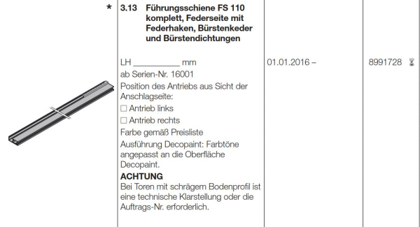 Hörmann Führungsschiene FS 110 komplett, Federseite, 8991728