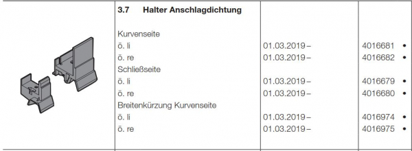 Hörmann Halter Anschlagdichtung Schließseite, öffnet links, Seiten-Sektionaltor, 4016679