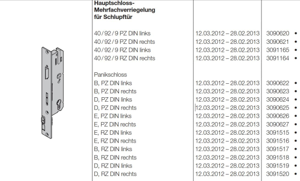 Hörmann Hauptschloss-Mehrfachverriegelung 40-92-9 für Schlupftür Panikschloss mit der Panikfunktion E-RZ-DIN links für Industrie-Baureihe 40-50, 3091515