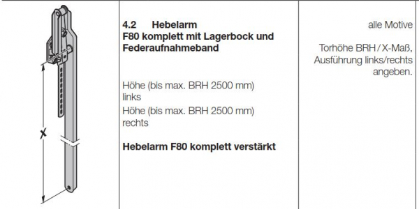 Hörmann Hebelarm F80 komplett für die Torhöhe 2500 mm von innen gesehen links, 1249567