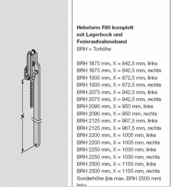 Hörmann Hebelarm F80 komplett für die Torhöhe 2075 mm von innen gesehen links, 1249543