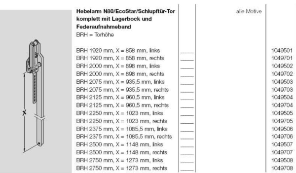 Hörmann Hebelarm N80 komplett für die Torhöhe 2125 mm von innen gesehen rechts, 1049704