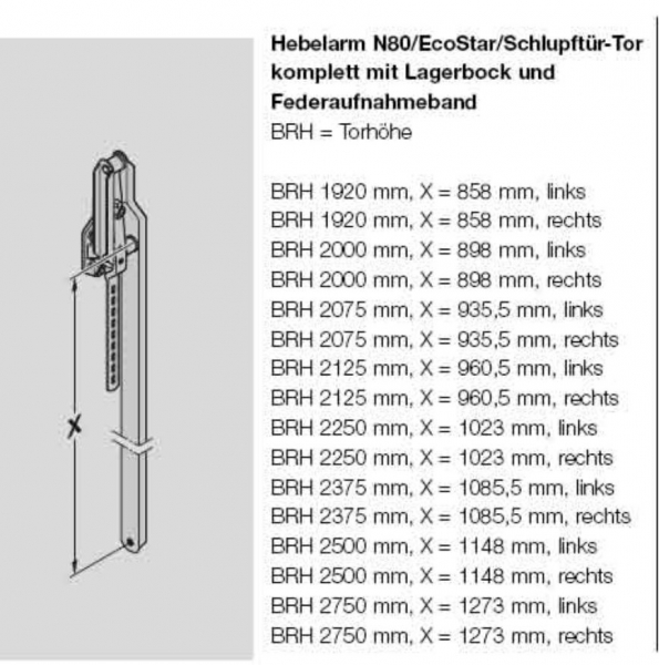 Hörmann Hebelarm N80 komplett für die Torhöhe 2075 mm von innen gesehen links, 1049503