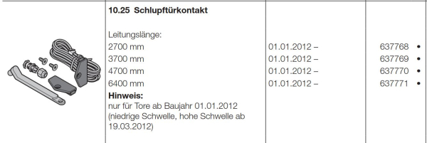 Hörmann Schlupftürkontakt Leitungslänge 3700 mm, 637769