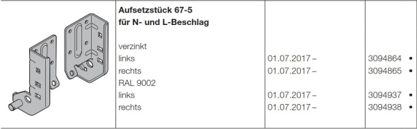 Hörmann LPU 67 Thermo Aufsetzstück 67-5 Stück für N- und L- Beschlag verzinkt DIN links, 3094864