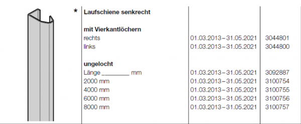 Hörmann Laufschiene senkrecht ungelocht, Länge 2000 mm, für Industrietore-Baureihe 30,40,50, 3100754