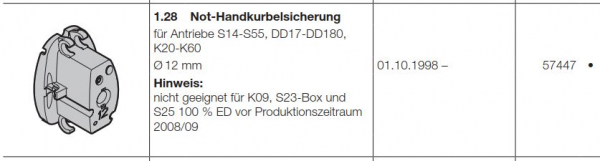 Hörmann Ersatzteile für Roll-und Rolltorantriebe:  Not-Handkurbelsicherung für Steckantriebe S14-S55,  DD17-DD180, Kettenantriebe K20-K60, 57447