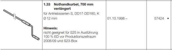 Hörmann Ersatzteile für Roll-und Rolltorantriebe:  Nothandkurbel, 700 mm verlängert  für Antriebsserien Steckantriebe , DD17-DD180,  Kettenantriebe Ø 12 mm, 57424