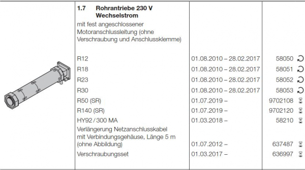 Hörmann Roll und Rollgittertorantrieb:Kettenantriebe Rohrantriebe 230 V Wechselstrom-R12-R18-R23-R30  wurde ersetzt durch R50-SR, 58053, 58052, 58051, 58050, 9702108