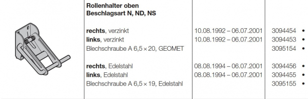 Hörmann Rollenhalter oben rechts Edelstahl Beschlagsart für Baureihe 30, 40 und Industrie-Baureihe 30, 40, 50, 3094456