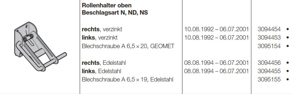 Hörmann Rollenhalter oben rechts Edelstahl Beschlagsart für Baureihe 30, 40 und Industrie-Baureihe 30, 40, 50, 3094456
