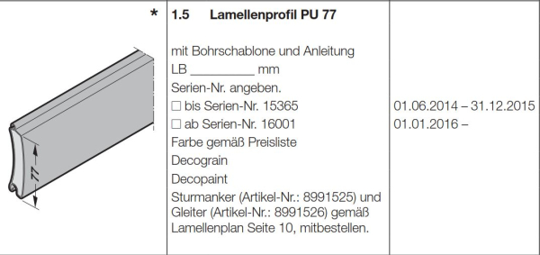 Hörmann Lamellenprofil PU 77 Farbe gemäß Preisliste, 8991304