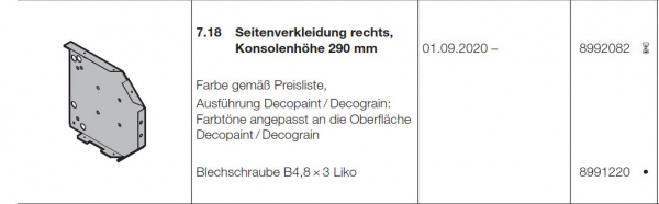 Hörmann Seitenverkleidung rechts, Konsolenhöhe 290 mm Garagen-Rolltor RollMatic T, 8992082