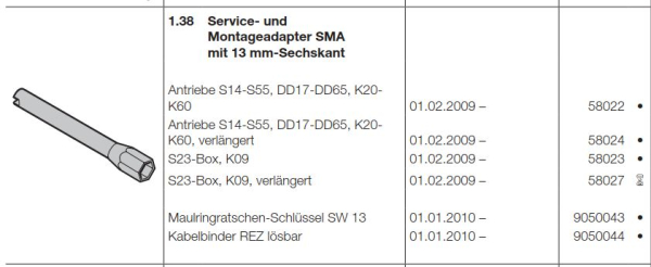 Hörmann Ersatzteile für Roll-und Rolltorantriebe:  Service- und Montageadapter SMA mit  13 mm-Sechskant, Antriebe S14-S55, DD17-DD65,  K20- K60, 58022