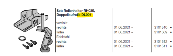 Hörmann Set Doppellaufrolle DL001, links BR 60, 3101509