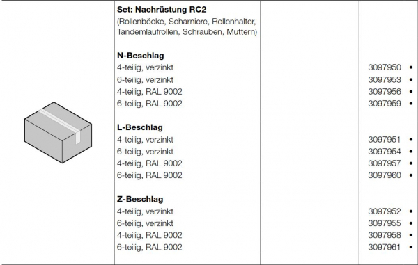 Hörmann Set: Nachrüstung RC2, Baureihe 40, 6-teilig, verzinkt,  LPU 67 Thermo (Privat Tore), 3097953