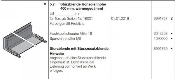 Hörmann Sturzblende Konsolenhöhe 400 mm, wärmegedämmt HG 75 TD, 8991767