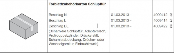 Hörmann Torblatt Zubehörkarton Schlupftür Beschlag N, Baureihe 40, 4009412