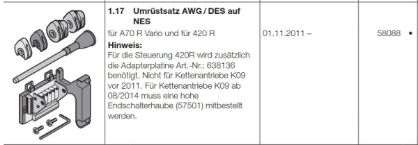 Hörmann Ersatzteile für Roll-und Rolltorantriebe:  Umrüstsatz AWG/DES auf NES für A70 R Vario  und für 420 R, 58088