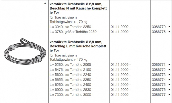 Hörmann verstärkte Drahtseile Ø 2,9 mm,  Beschlag L mit Kausche komplett  je Tor L = 5600, bis Torhöhe 2240, 3086773