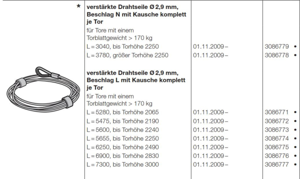 Hörmann verstärkte Drahtseile Ø 2,9 mm,  Beschlag L mit Kausche komplett  je Tor L = 7300, bis Torhöhe 3000, 3086777