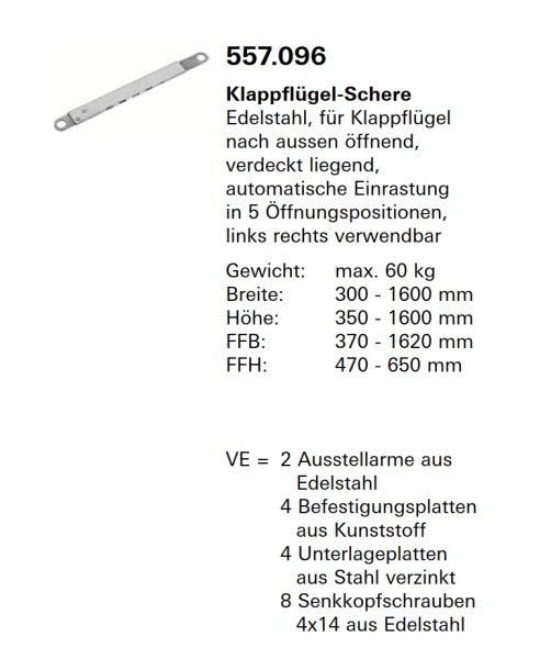 Jansen Janisol Arte 2.0, Klappflügel-Schere, Edelstahl, für Klappflügel, nach aussen öffnend, Artikel Nr.557.096