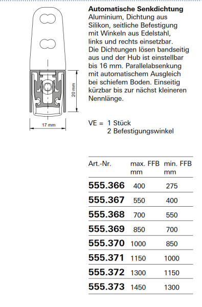 Schüco Jansen Automatische Senkdichtung, max FFB 1150 mm, Kurz FFB 1000 mm, Jansen Artikelnummer 555.371