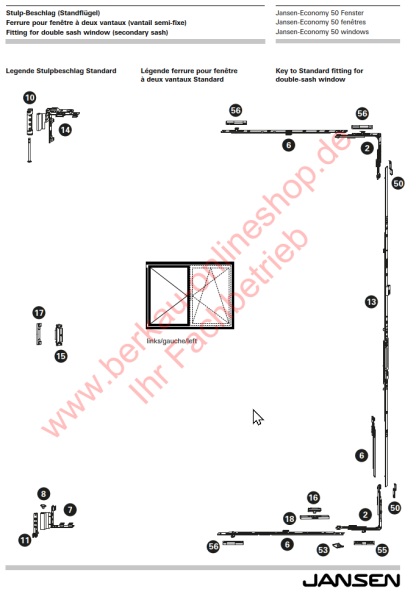 Jansen-Economy 50 Fenster, Kippschliessblech, 599.484, für Stulp-Beschlag (Standflügel