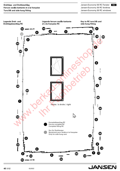 Jansen-Economy 50 RC Fenster, RC2 Drehkipp- und Drehbeschlag, Flügellager Rechts, Bandeckumlenkung, Artikel Nummer 599.488