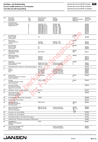 Jansen-Economy 50 RC Fenster, RC2 Drehkipp- und Drehbeschlag, Flügellager Rechts, Bandeckumlenkung, Artikel Nummer 599.488