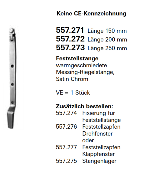 Jansen Janisol Arte 2.0 Feststellstange warmgeschmiedete Messing-Riegelstange, Länge 150 mm, Fensterbeschlag, Artikel Nr.557.271
