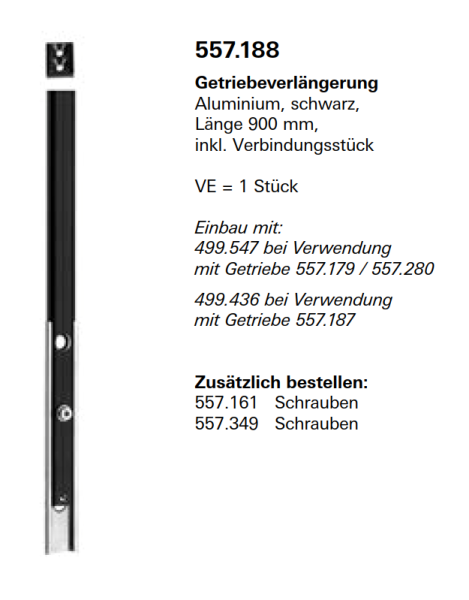 Jansen Janisol Arte 2.0, Getriebeverlängerung Aluminium, schwarz, Länge 900 mm, Artikel Nr. 557.188