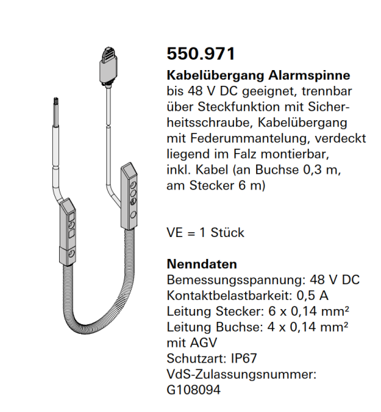 Jansen Janisol Arte 2.0 Kabelübergang Alarmspinne, bis 48 V DC geeignet, Artikel Nr.550.971