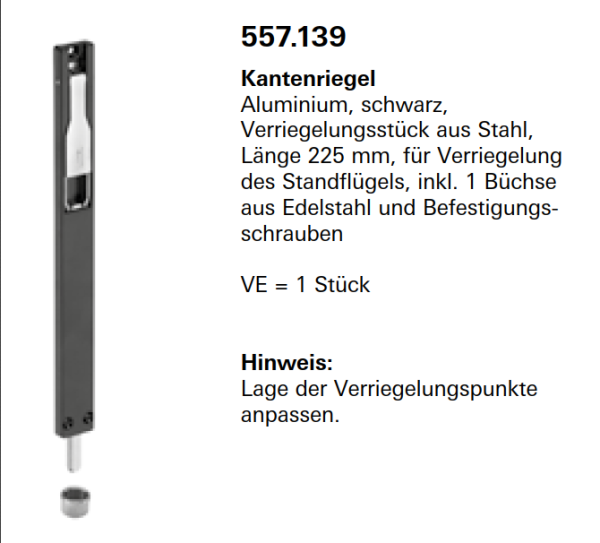 Jansen Janisol Arte 2.0, Kantenriegel, Aluminium, schwarz, Verriegelungsstück aus Stahl, Länge 225 mm, Artikel Nr. 557.139