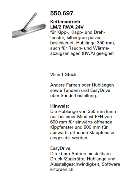 Jansen Janisol Arte 2.0 Kettenantrieb, LM/2 RWA 24V, für Kipp-, Klapp- und Drehfenster, Artikel Nr.550.697