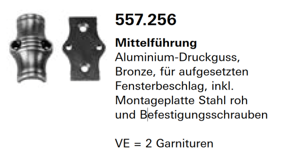 Jansen Janisol Arte 2.0 Mittelführung, Aluminium-Druckguss, Bronze, für aufgesetzten Fensterbeschlag, Artikel Nr.557.256