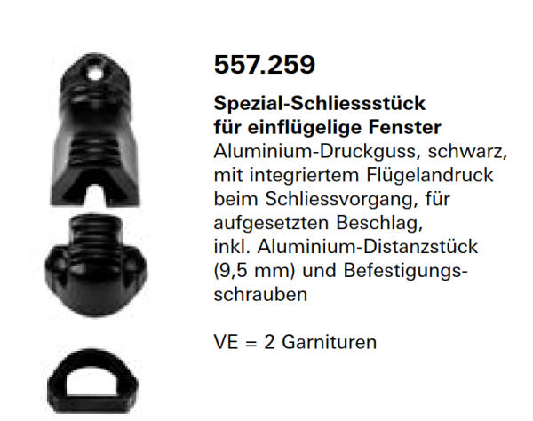 Jansen Janisol Arte 2.0 Spezial-Schliessstück, für einflügelige Fenster Aluminium schwarz, für aufgesetzten Fensterbeschlag, Artikel Nr.557.259