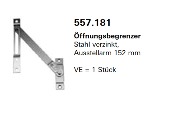 Jansen Janisol Arte 2.0 Öffnungsbegrenzer, Ausstellarm 152 mm, Kippfenster, für Kippflügel, Artikel Nr.557.181